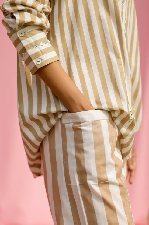 Beige Mirror Embroidered Stripe Co-ord Set